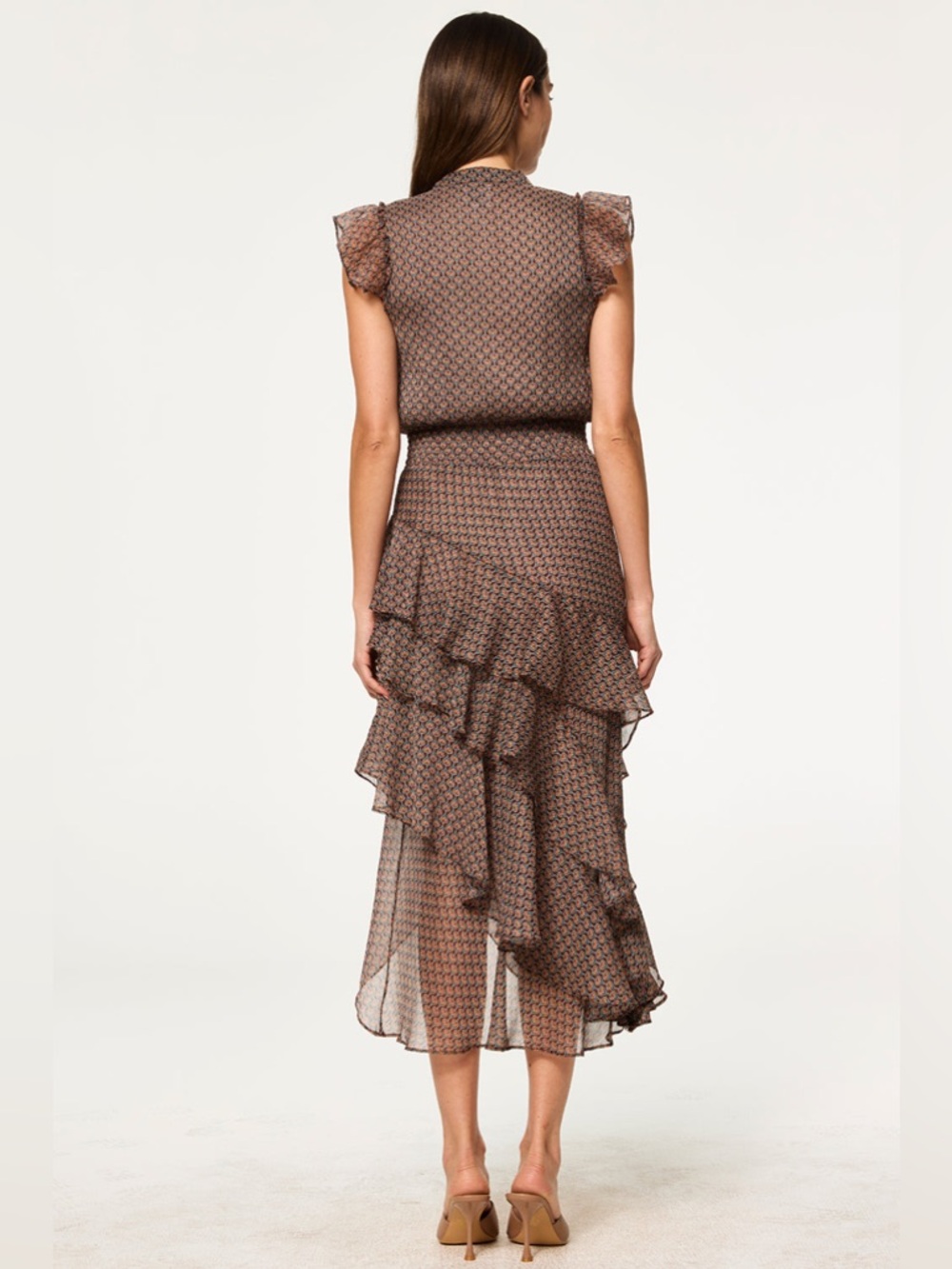 MISA ILYSA DRESS brown ditsy floral print chiffon. Ruffle-detailed NEW XS - Picture 2 of 6